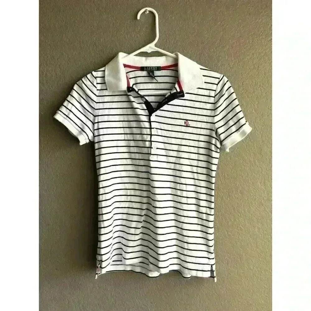 Ralph Lauren Shirt Top Girls Medium White Black Striped LRL‎ Red Logo